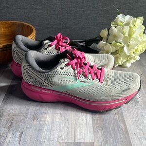 Brooks Ghost 14 Gray and Pink Athletic Shoes with Cushioned Sole